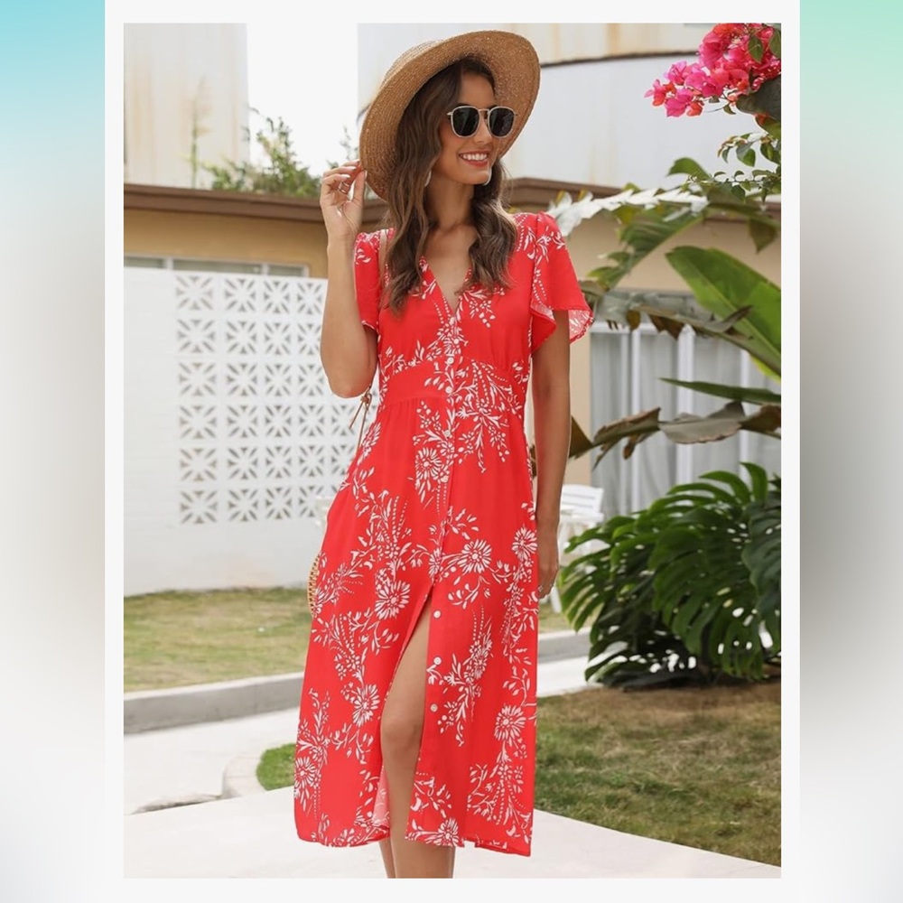 Red Floral Midi Dress